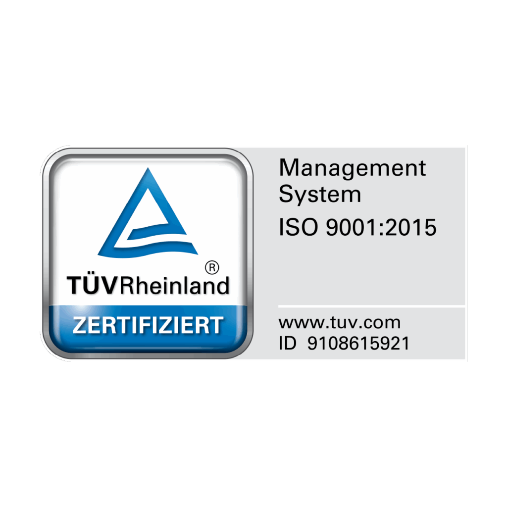 TÜV Rheinland Zertifikat für das Qualitätsmanagementsystem nach ISO 9001:2015.